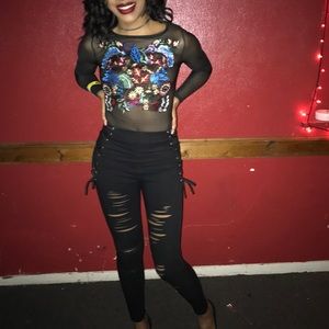 Mesh Embroidered Bodysuit Long Sleeve 